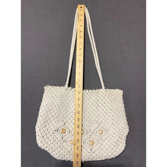 Vintage Crochet Knit Shoulder Bag Ivory Boho 13"W 10"H Wooden Beads Zip Closure - Picture 3 of 6